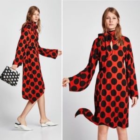 Zara Orange-red Black Chic Polka Dot Asymmetrical dress midi scarf S black label - Picture 5 of 17